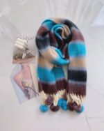 Fluffy kawaii rainbow scarf with tassels, warm winter accessory.