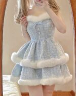 Fluffy Princess Dress - Winter Aesthetic, a blue tweed dress with white faux fur trim and buttons.