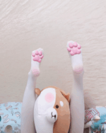 Pink cat paw socks on a plush teddy bear's feet.