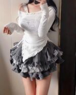 Y2K Lolita Set featuring a white ribbed top and gray ruffled skirt.