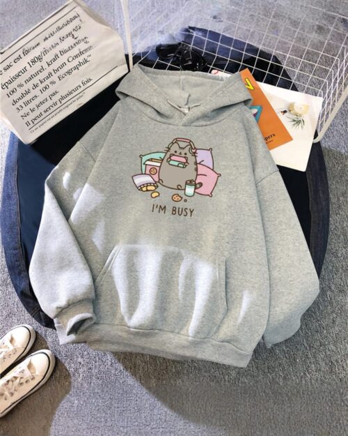 Pusheen - I'm Busy Hoodie, a gray, round sweatshirt featuring Pusheen the cat graphic and 'I’m Busy' text.