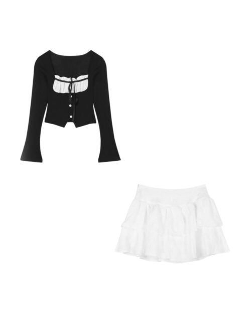 Melody Set - Korean aesthetic set: Black blouse and white ruffled skirt.
