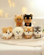 A set of six cute puppy collectible plush toys in various colors and breeds.