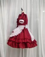 Burgundy red maid dress with ruffles and lace trim, kawaii style.