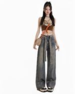 High Waist Long Jeans - Y2K Aesthetic, wide-leg denim pants with distressed details.