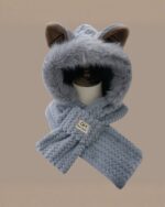 Light blue fox ear beanie with a hood and faux fur scarf. Fluffy winter hat.