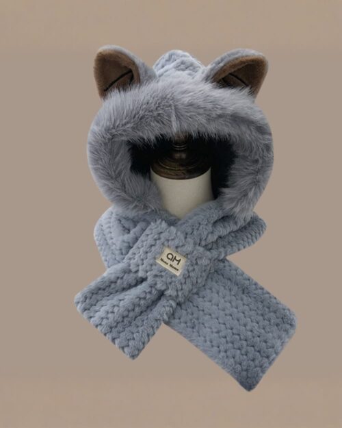 Light blue fox ear beanie with a hood and faux fur scarf. Fluffy winter hat.