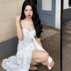 White ruffled sling dress - Coquette aesthetic dress, featuring a sweetheart neckline and flowing skirt.