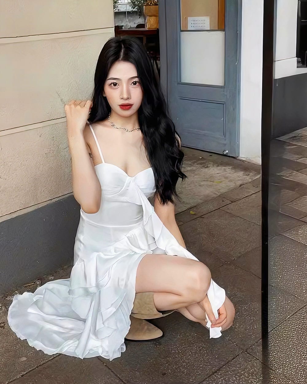 White ruffled sling dress - Coquette aesthetic dress, featuring a sweetheart neckline and flowing skirt.