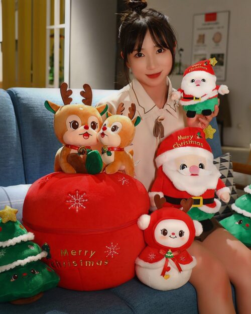 Kawaii christmas plushie collection: reindeer, Santa, and other festive plush toys.