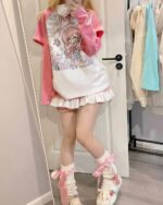 Printed pink kawaii t-shirt featuring a cute anime character design.