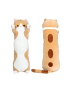 Two long cat plushies – soft, stuffed animals with a long, feline shape.