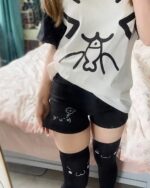 Cute Cotton Black Shorts - Kaomoji aesthetic shorts, black shorts with kaomoji design.