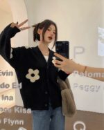Korean cardigan featuring a flower design on a casual sweater.