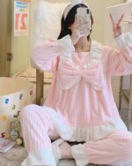 Pink lace flannel pajamas with bow details, kawaii clothes set.