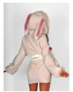 Pink bunny hooded plush pajamas featuring a fluffy design and attached ears.