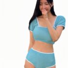 High Waist Two-piece Swimsuit - Korean Aesthetic, light blue ribbed crop top and high-waisted bottom.