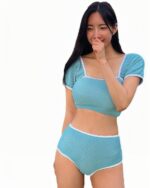 High Waist Two-piece Swimsuit - Korean Aesthetic, light blue ribbed crop top and high-waisted bottom.