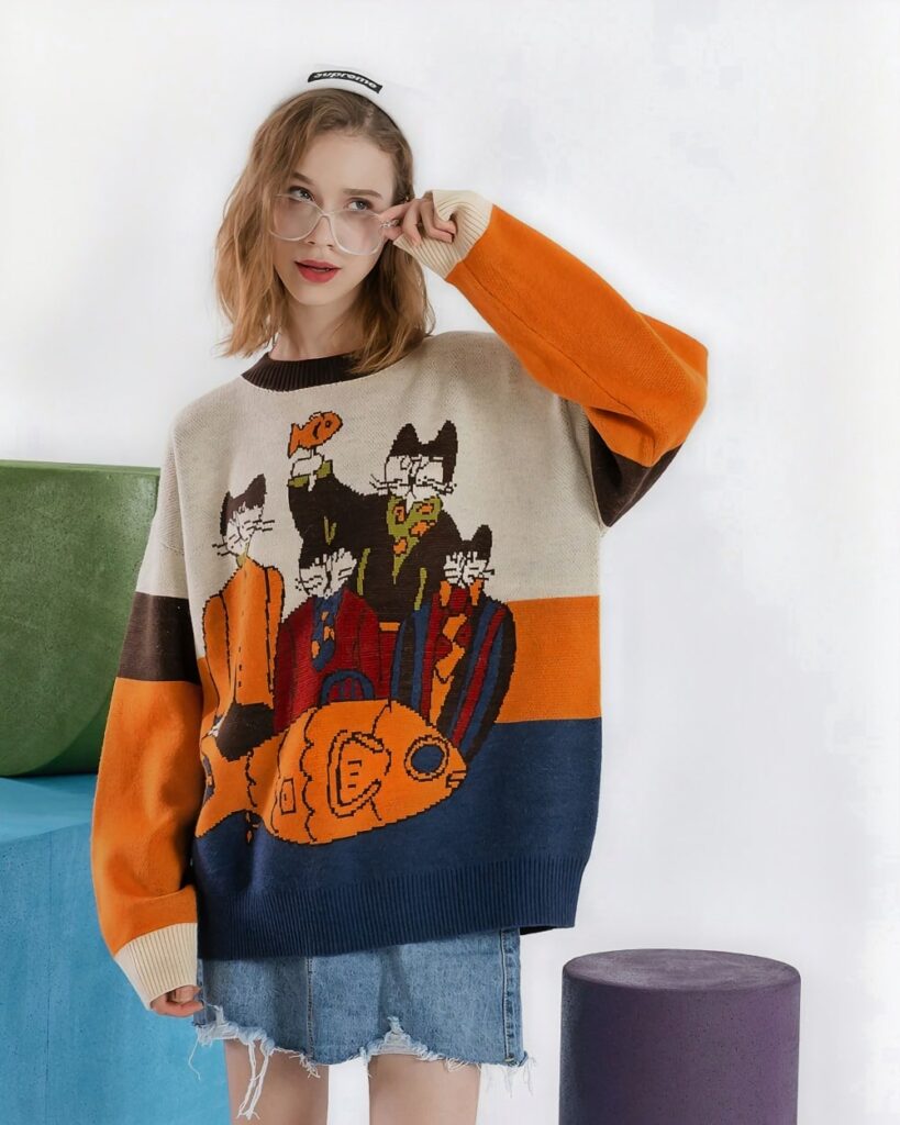 Woman wearing a cat reunion sweater with multiple cats and a fish design. Retro aesthetic.