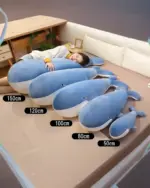 Kawaii whale plushie set in various sizes: 50cm, 80cm, 100cm, 120cm, and 150cm.