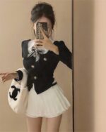 College girl student outfit - korean aesthetic set featuring a black blazer and white pleated skirt.