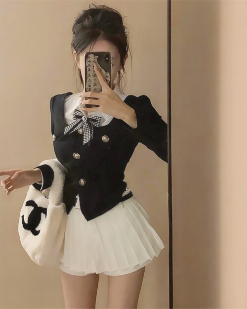 College girl student outfit - korean aesthetic set featuring a black blazer and white pleated skirt.