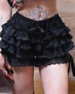 Black puffy gothic coquette skirt with lace trim and ribbon tie.
