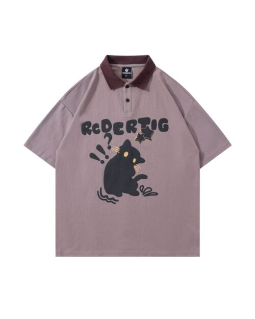 Short-sleeved cat graphic tee with a black cat illustration and text.