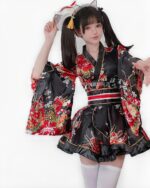 Kawaii short yukata with floral and red details, summer festival costume.