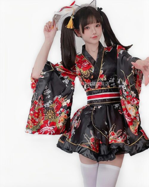Kawaii short yukata with floral and red details, summer festival costume.