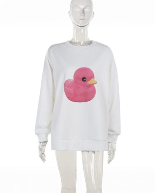 White pullover sweater featuring a pink duck graphic. This pink duck sweater is a cute casual top.