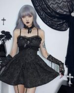 Dark Rose Lace Sling Dress - Gothic Aesthetic, black lace mini dress with straps and bow details.