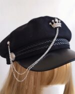 Black gothic style army hat with chain and crown embellishments. Lolita aesthetic accessory.