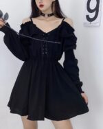 Solid Black Dress - Gothic Aesthetic, featuring off-the-shoulder sleeves and lace-up detailing.