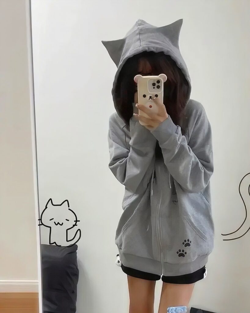 Gray cat paw hoodie with hood and paw print details. Kawaii cat paw hoodie.