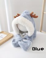 Blue Cute and Fluffy Reindeer Winter Hat, featuring plush reindeer antlers and earmuffs.