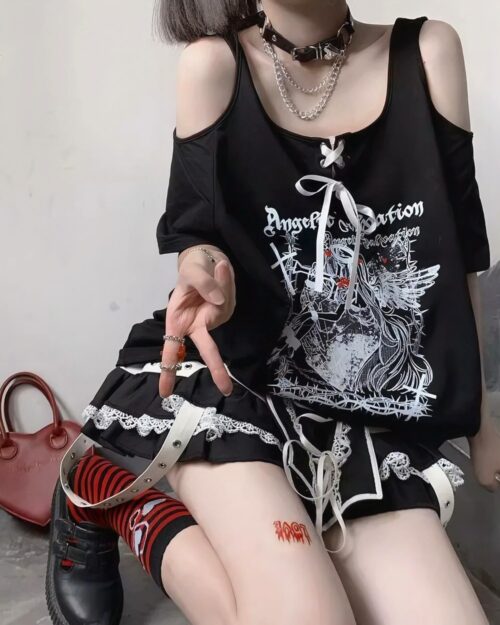 Dark Angel Oversized Gothic Lolita tee featuring a detailed graphic print and lace accents.