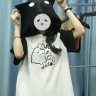 Ghost Neko Hooded T-Shirt - Harajuku Aesthetic word1