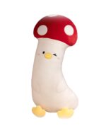 Long vegetable plushie of a mushroom character, soft and stuffed.