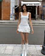 White ruffled summer dress – coquette aesthetic dress, featuring a tank top and thigh-high socks.