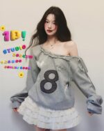 Gray coquette aesthetic sweatshirt with off-shoulder design and number 8 embroidery.