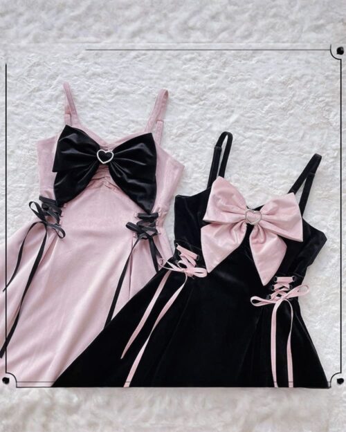 Two kawaii goth dresses: a pink velvet dress and a black velvet dress, each with a large bow and lace detailing.