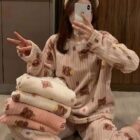 Bear Print Coral Pajamas Suit - Korean Aesthetic word1