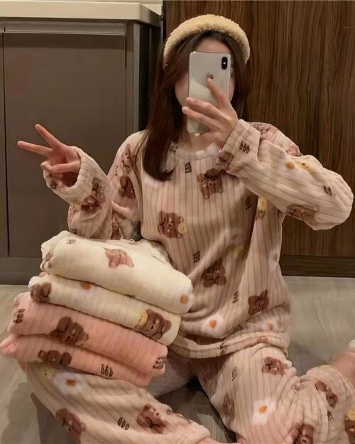 Bear Print Coral Pajamas Suit - Korean aesthetic pajamas, featuring a woman in a cozy, patterned sleepwear set.