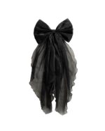 Black gothic lolita dress bow accessory, sheer fabric, elegant hair decoration.