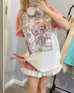 Printed pink kawaii t-shirt featuring a cute anime girl design.