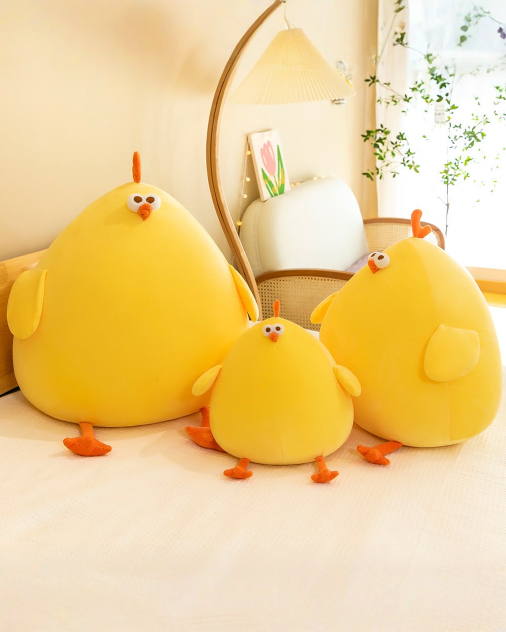 Kawaii Super Chonky Yellow Plushie - Goofy Edition product photo 1 Kawaii Super Chonky Yellow Plushie - Goofy Edition, three chonky bird plushies in different sizes.