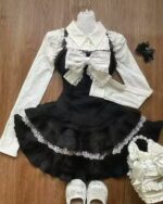 Kawaii Bowed Outfits - Preppy Style: Black and white lace top with skirt and shoes.