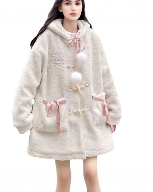 Fluffy kawaii hooded coat featuring a plush design, toggle closures, and decorative accents.