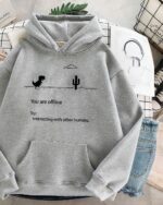 Gray dinosaur gamer hoodie with "You are offline" message and pixelated T-Rex.